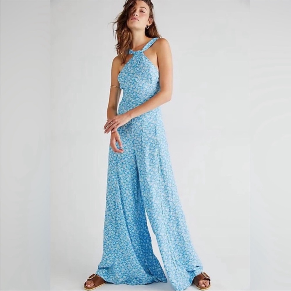 Free People Light Blue Floral Halter Jumpsuit